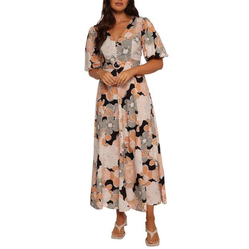 Petal & Pup Black Floral Midi Dress with Peach and Cream Blooms